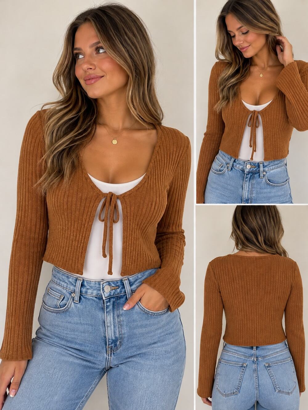 BOZZOLO Ribbed Tie-Front Cropped Cardigan Sweater Size L